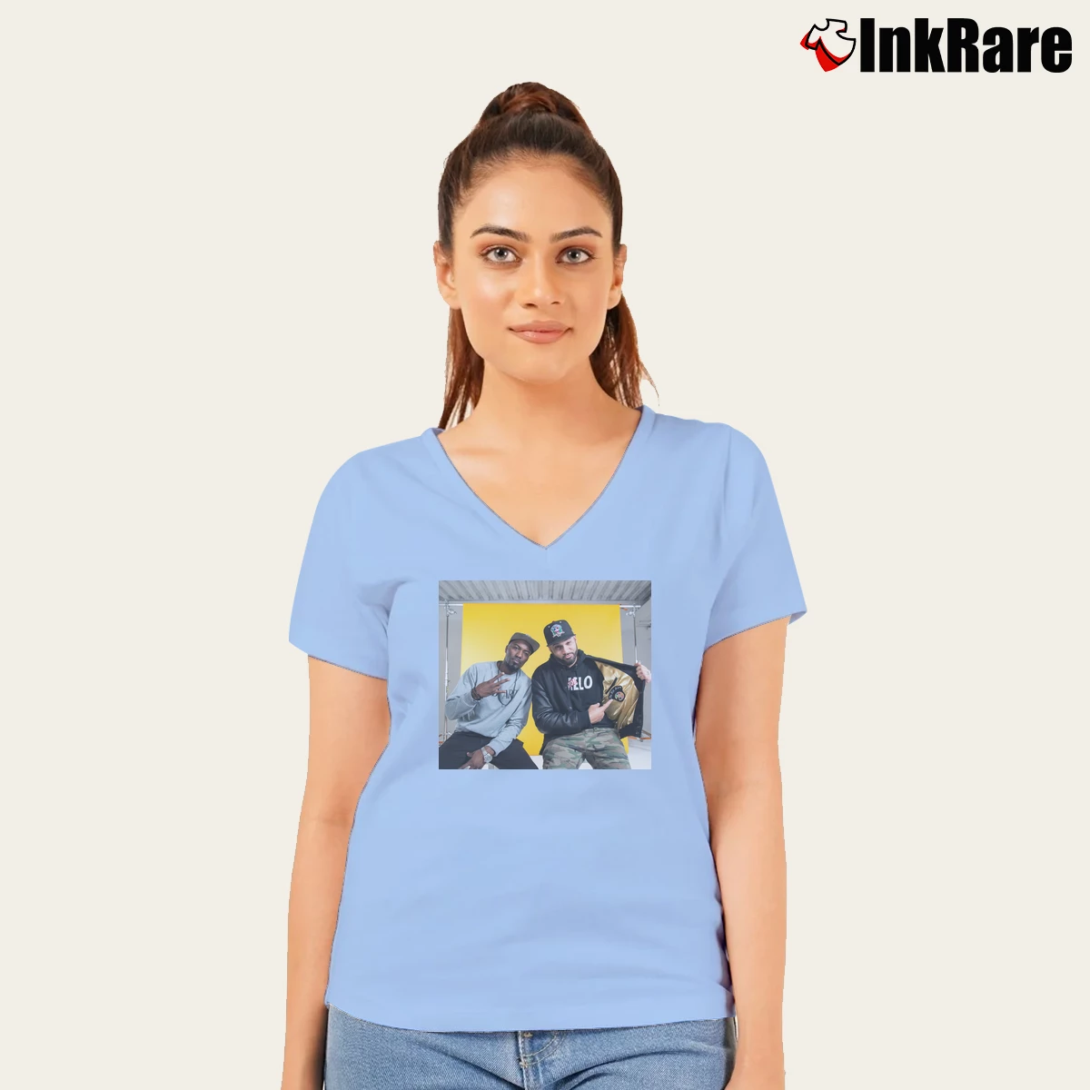 Desus And Mero Women’s V-Neck Tee in light blue – Flattering Fit Women’s Desus And Mero V-Neck Tee in light blue | Chic Neckline, Soft Texture