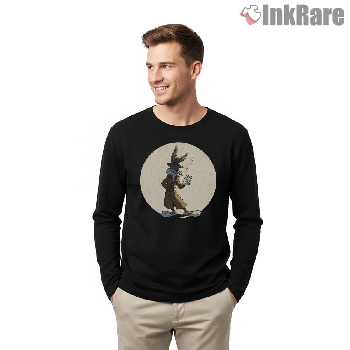 Detective Bugs Bunny Noir Mystery Shirt on black long sleeve shirt for men graphic tee