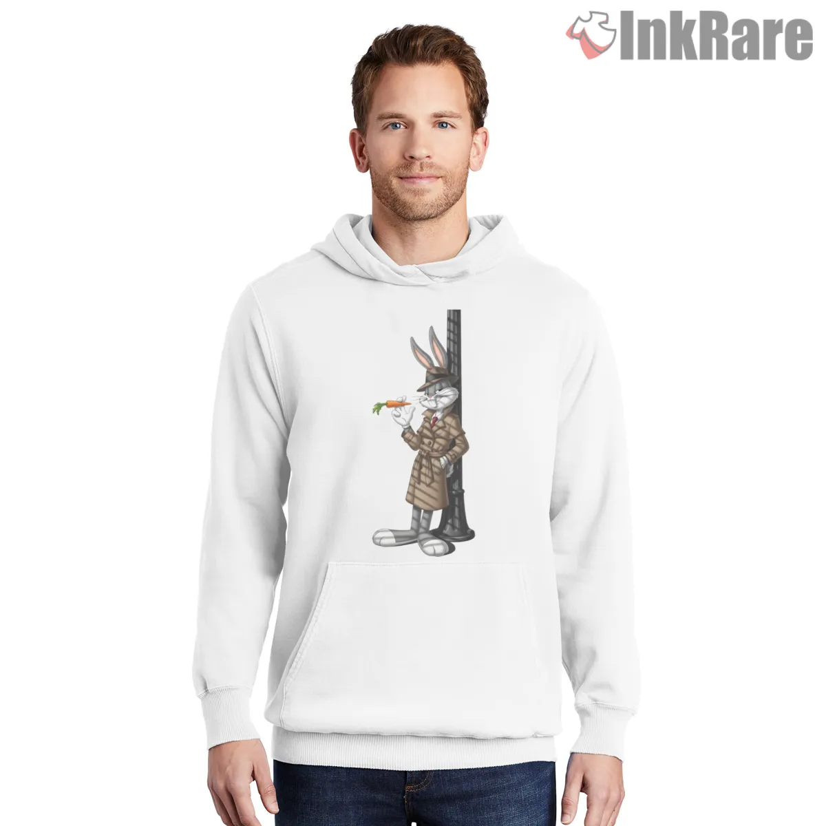 Detective Bugs Bunny Streetlamp Mystery Shirt on white hoodie for men graphic tee