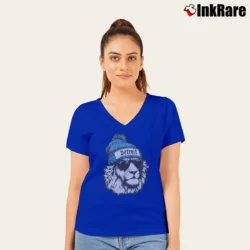 Women’s Detroit Lion Mascot Football Game Day Fan V-Neck Tee in royal blue | Chic Neckline, Soft Texture