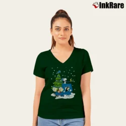 Women’s Detroit Lions Are Coming To Town Snoopy Christmas V-Neck Tee in forest green | Chic Neckline, Soft Texture
