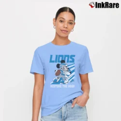 Women’s Detroit Lions Mickey Mouse Football Team Signature T-Shirt in light blue | Soft, Flattering Fit
