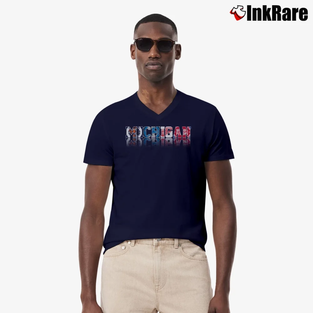 Men’s Detroit Michigan Sports Logos Tigers Lions V-Neck Tee in navy | Sharp, Breathable, Everyday Staple
