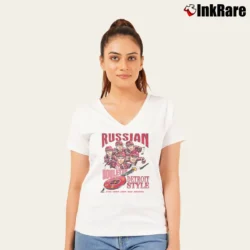 Women’s Detroit Red Wings Russian Five Caricature 90s V-Neck Tee in white | Chic Neckline, Soft Texture