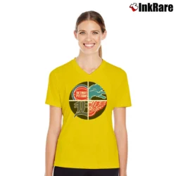 Women’s Detroit Sports Logos Lions Tigers Red Wings V-Neck Tee in yellow | Chic Neckline, Soft Texture