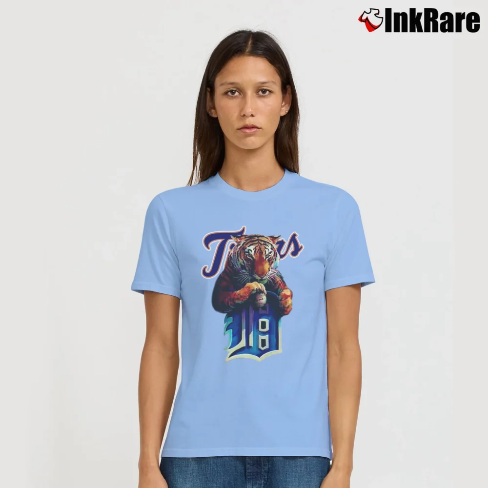 Women’s Detroit Tigers Retro MLB Rock Style Graphic Signature T-Shirt in light blue | Soft, Flattering Fit