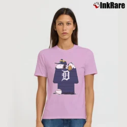 Women’s Detroit Tigers Snoopy And Woodstock Resting Together Mlb Signature T-Shirt in light pink | Soft, Flattering Fit