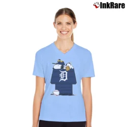 Women’s Detroit Tigers Snoopy And Woodstock Resting Together Mlb V-Neck Tee in light blue | Chic Neckline, Soft Texture