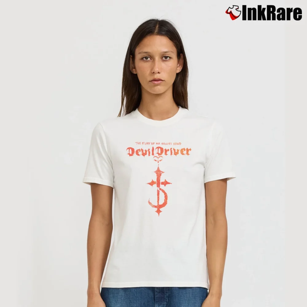 Women’s Devildriver Heavy Metal Logo Signature T-Shirt in white | Soft, Flattering Fit