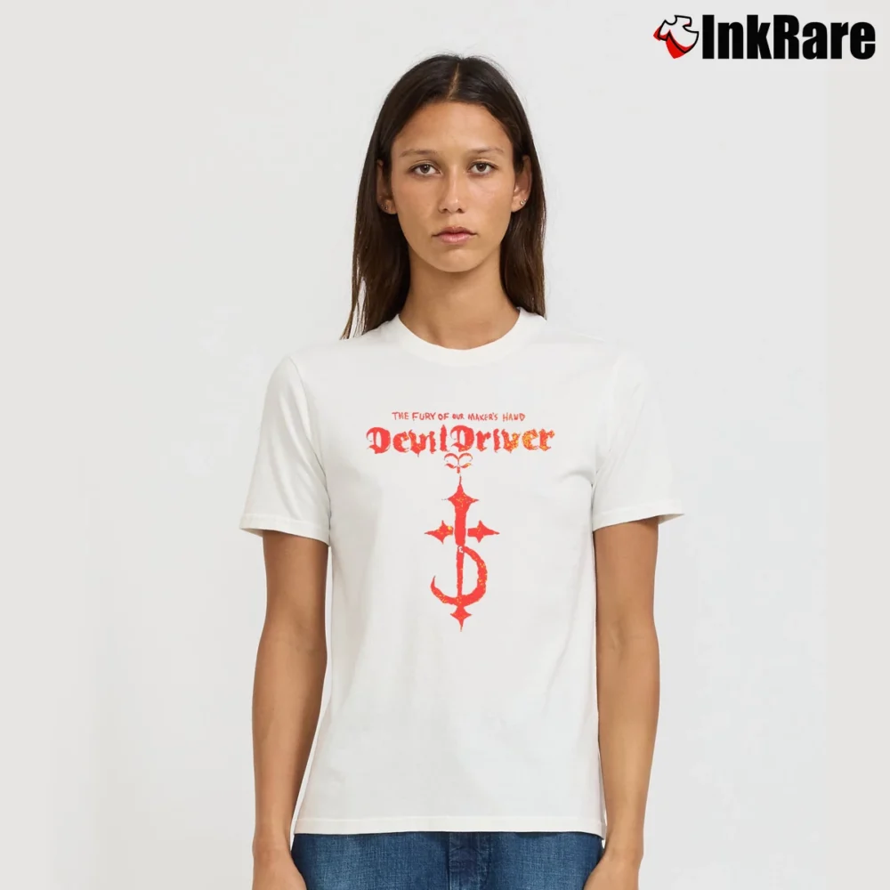 Women’s Devildriver Heavy Metal Logo Signature T-Shirt in white | Soft, Flattering Fit
