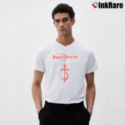 Men’s Devildriver Heavy Metal Logo V-Neck Tee in white | Sharp, Breathable, Everyday Staple