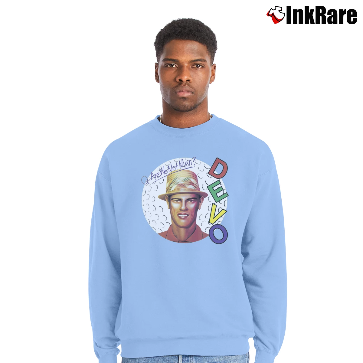 Men’s Devo Are We Not Men Retro 80s Crewneck Sweatshirt in light blue | Cozy Fabric, Clean Style