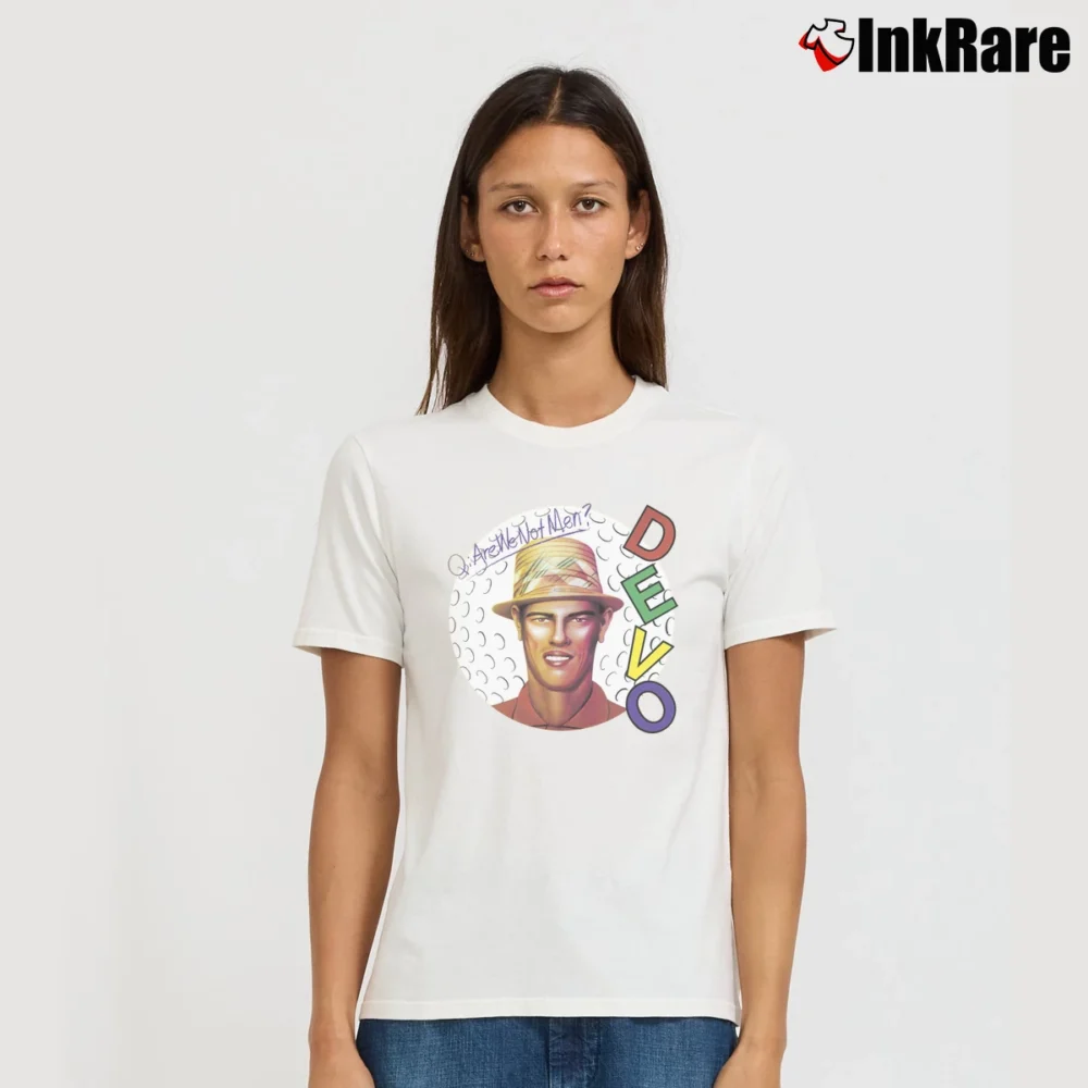 Women’s Devo Are We Not Men Retro 80s Signature T-Shirt in white | Soft, Flattering Fit