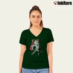 Women’s Devo Cat Band V-Neck Tee in forest green | Chic Neckline, Soft Texture