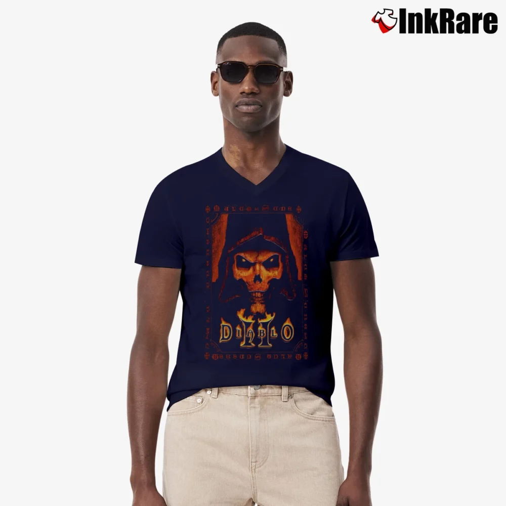 Men’s Diablo II Classic Skull Face V-Neck Tee in navy | Sharp, Breathable, Everyday Staple