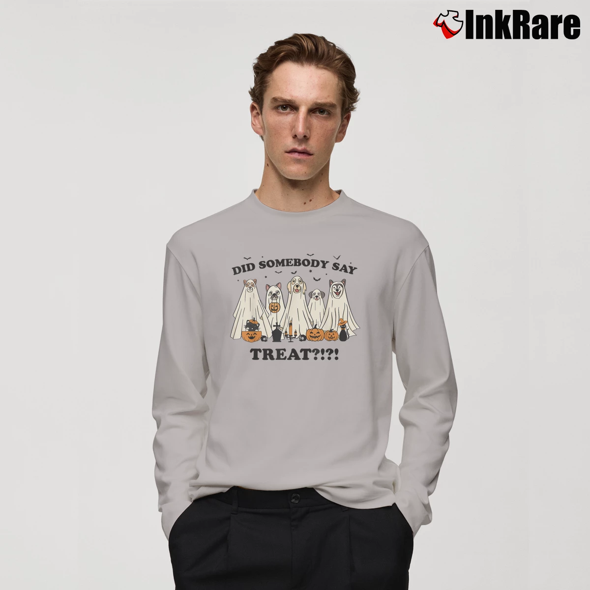 Men’s Did Somebody Say Treat Ghost Dog Lovers Halloween Costume Long-Sleeve Shirt in sport grey | Sleek, Lightweight, Year-Round Wear