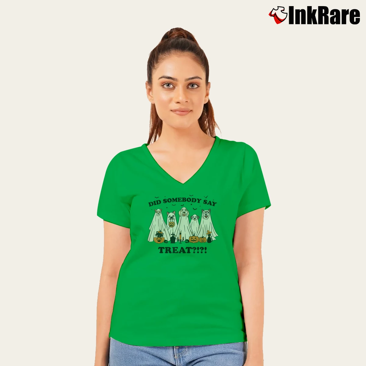 Women’s Did Somebody Say Treat Ghost Dog Lovers Halloween Costume V-Neck Tee in irish green | Chic Neckline, Soft Texture
