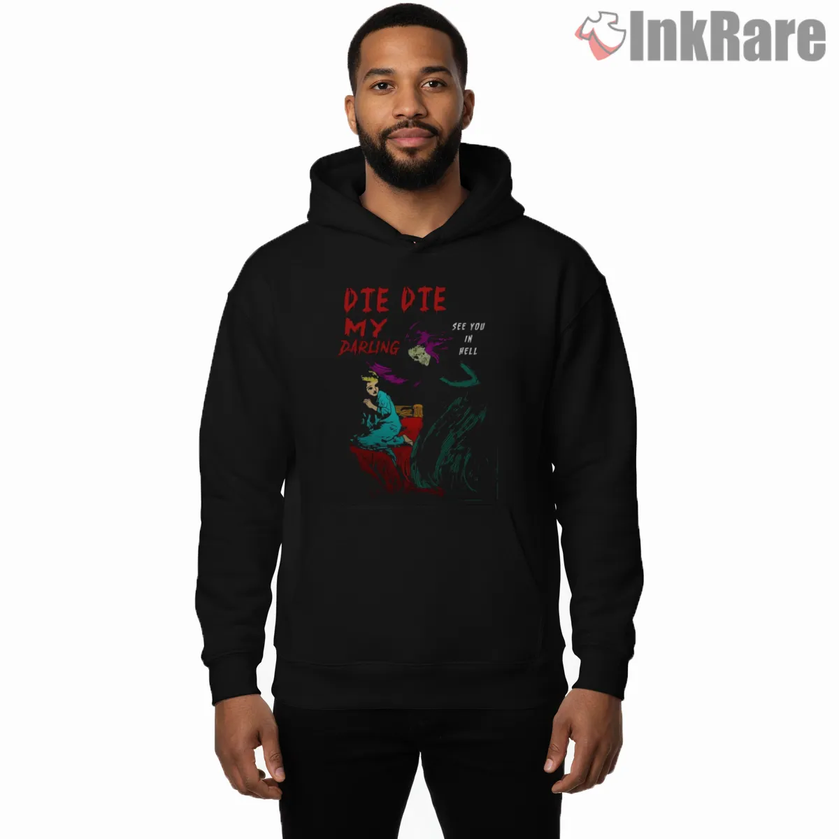 Die Die My Darling Dark Horror Romance Shirt on black hoodie for men graphic tee