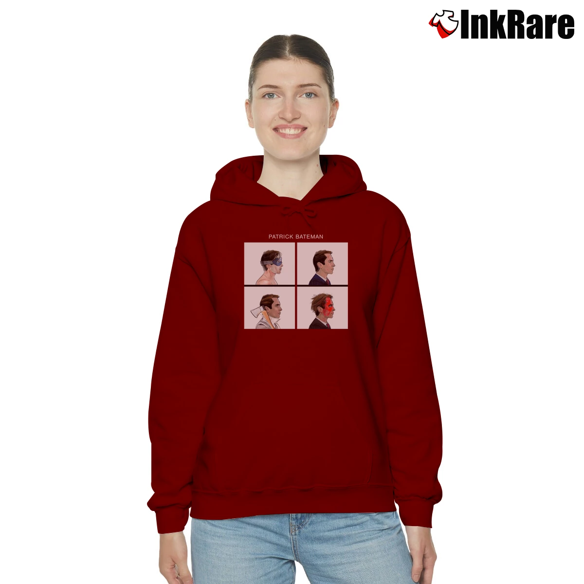Different Faces American Psycho Patrick Bateman Women’s Cozy Hoodie in maroon – Urban Chic Women’s Different Faces American Psycho Patrick Bateman Cozy Hoodie in maroon | Warm, Structured, Stylish