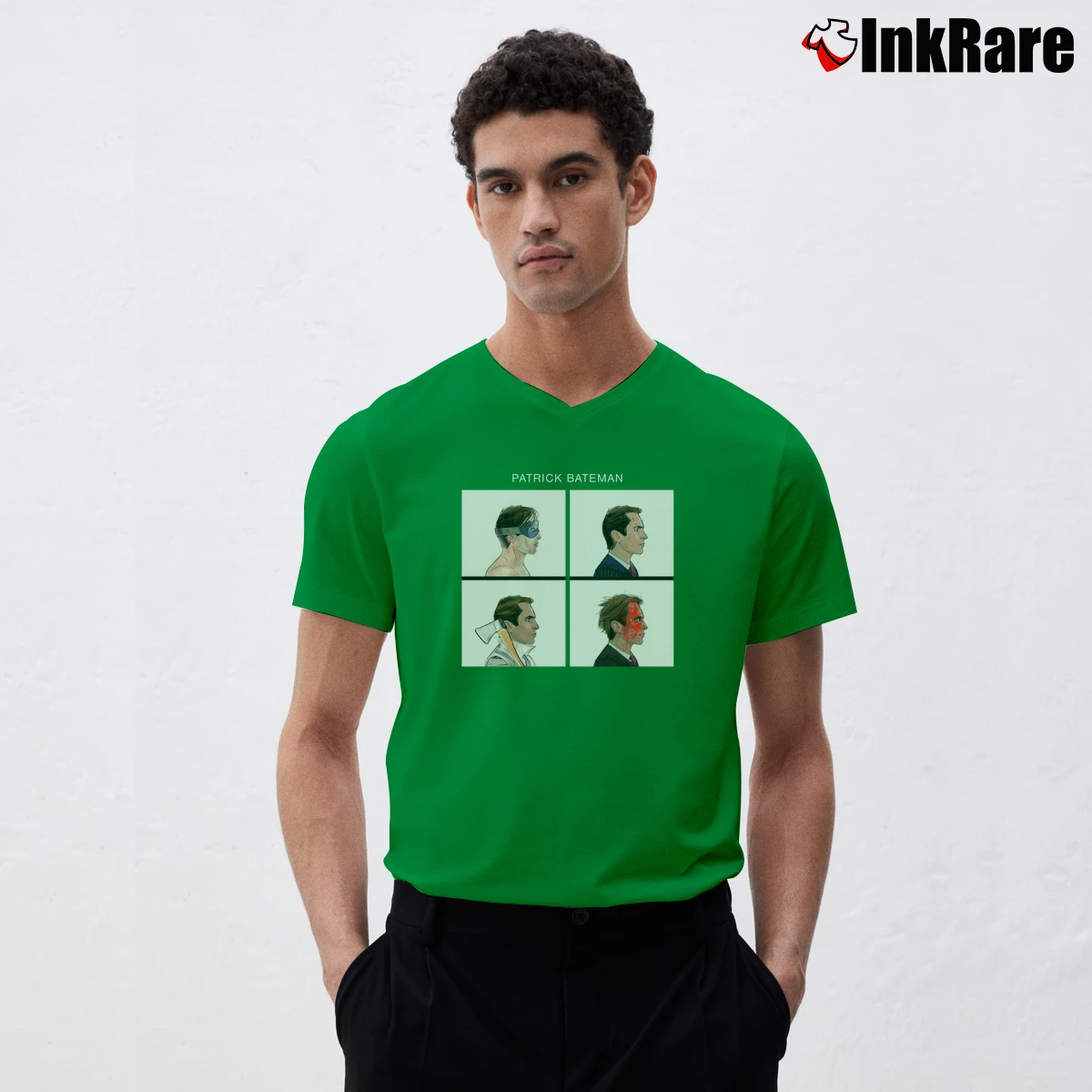 Different Faces American Psycho Patrick Bateman Men’s V-Neck Tee in irish green – Modern Essential Men’s Different Faces American Psycho Patrick Bateman V-Neck Tee in irish green | Sharp, Breathable, Everyday Staple