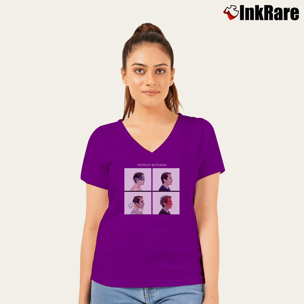 Different Faces American Psycho Patrick Bateman Women’s V-Neck Tee in purple – Flattering Fit Women’s Different Faces American Psycho Patrick Bateman V-Neck Tee in purple | Chic Neckline, Soft Texture