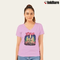 Women’s Dio Killing The Dragon Band Logo V-Neck Tee in light pink | Chic Neckline, Soft Texture