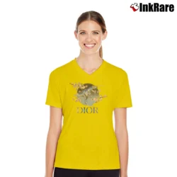 Women’s Dior Fashion Inspired Logo V-Neck Tee in yellow | Chic Neckline, Soft Texture