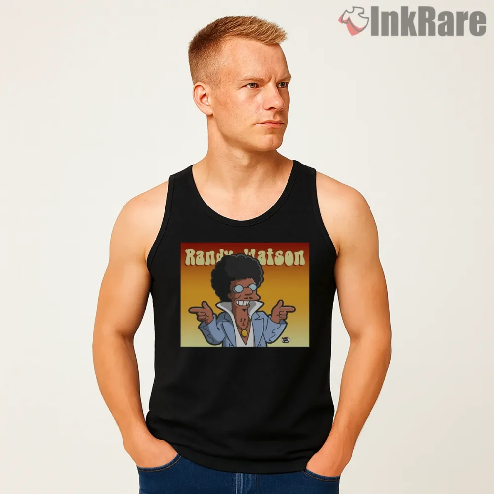 Disco Stu Randy Watson Funk Music Parody Cartoon Shirt on black tank top for men graphic tee