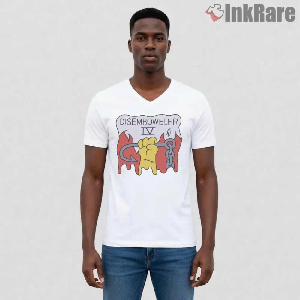 Disemboweler Iv Heavy Metal Concert Parody Shirt on white v-neck shirt for men graphic tee