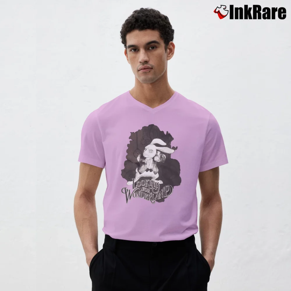 Men’s Disney Alice Through The Looking Glass White Rabbit V-Neck Tee in light pink | Sharp, Breathable, Everyday Staple