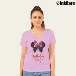 Women’s Disney Birthday Girl Family Mickey Minnie V-Neck Tee in light pink | Chic Neckline, Soft Texture