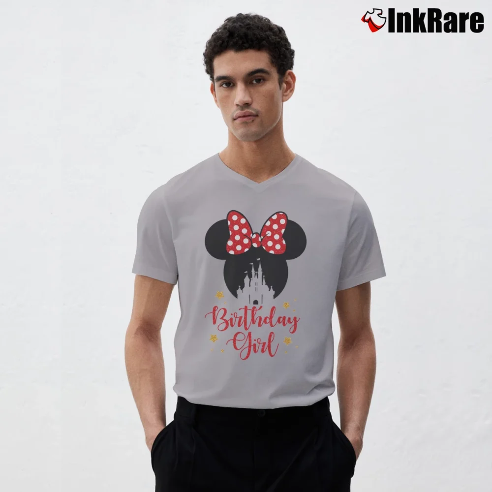 Men’s Disney Birthday Girl Family Mickey Minnie V-Neck Tee in sport grey | Sharp, Breathable, Everyday Staple