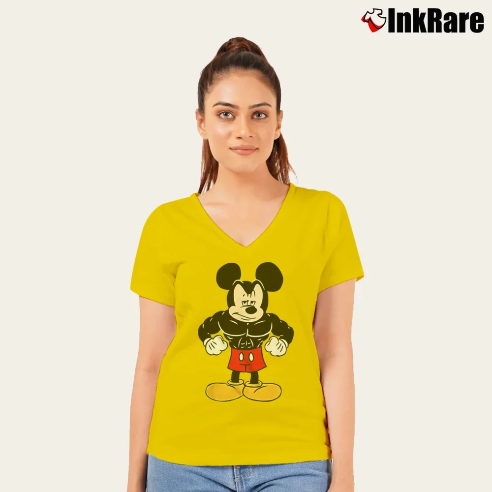 Women’s Disney Buff Muscle Mickey Mouse V-Neck Tee in yellow | Chic Neckline, Soft Texture
