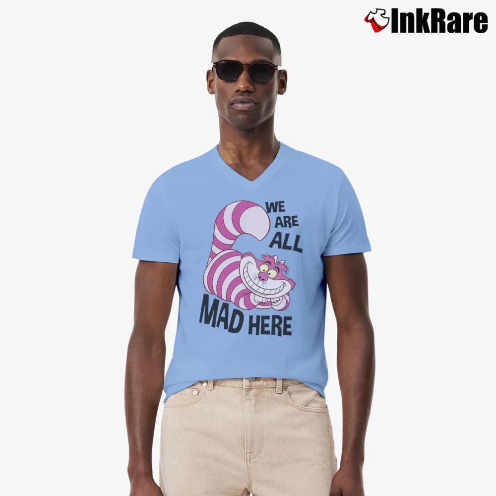 Men’s Disney Cheshire Cat Alice Wonderland V-Neck Tee in light blue | Sharp, Breathable, Everyday Staple