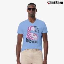 Men’s Disney Cheshire Cat Alice Wonderland V-Neck Tee in light blue | Sharp, Breathable, Everyday Staple