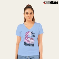 Women’s Disney Cheshire Cat Alice Wonderland V-Neck Tee in light blue | Chic Neckline, Soft Texture