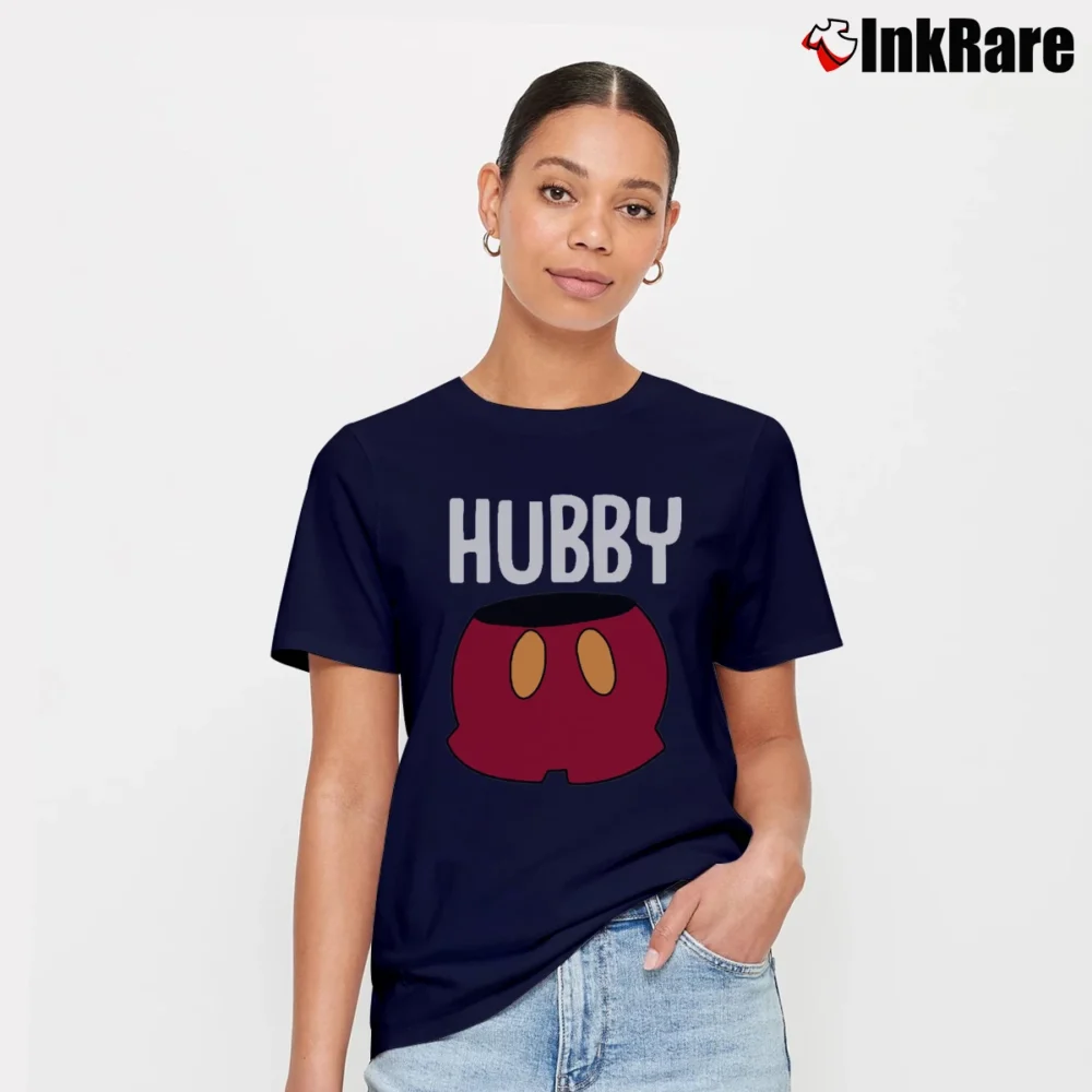 Women’s Disney Couple Matching Vacation Wifey Hubby Mickey Mouse Signature T-Shirt in navy | Soft, Flattering Fit