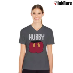 Women’s Disney Couple Matching Vacation Wifey Hubby Mickey Mouse V-Neck Tee in charcoal | Chic Neckline, Soft Texture