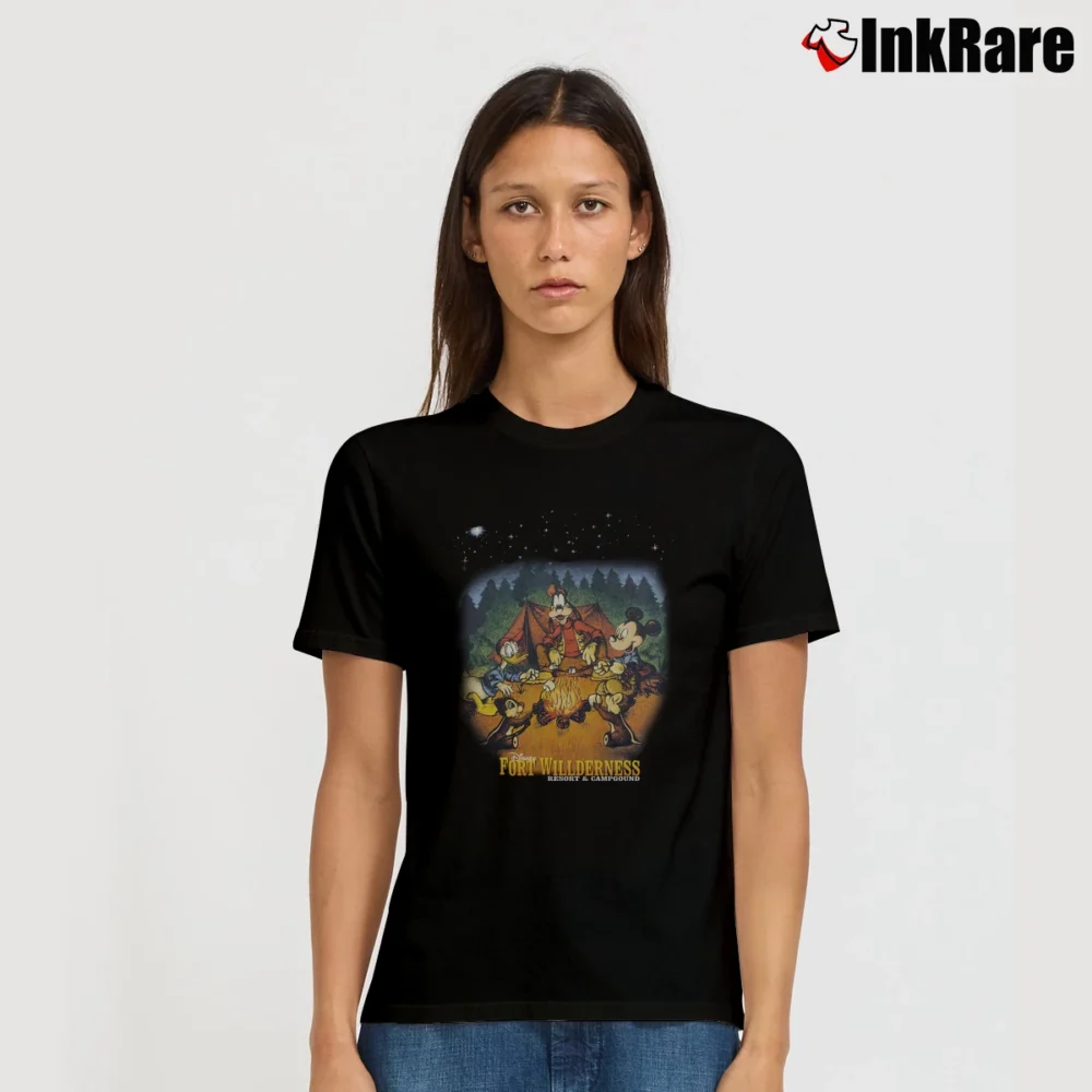 Women’s Disney Fort Wilderness Mickey Goofy Chip Dale Signature T-Shirt in black | Soft, Flattering Fit