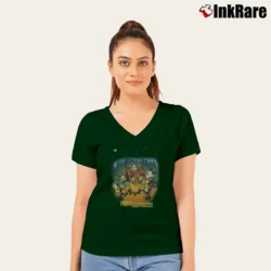 Women’s Disney Fort Wilderness Mickey Goofy Chip Dale V-Neck Tee in forest green | Chic Neckline, Soft Texture