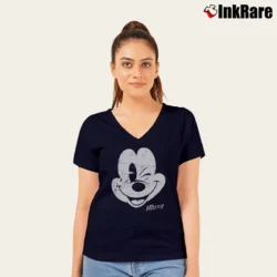 Women’s Disney Girls Mickey Mouse Distressed Face V-Neck Tee in navy | Chic Neckline, Soft Texture