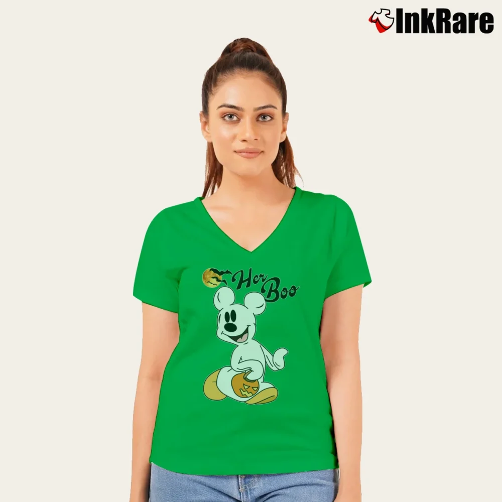 Women’s Disney Halloween Couples Her Boo His Boo Mickey Minnie V-Neck Tee in irish green | Chic Neckline, Soft Texture