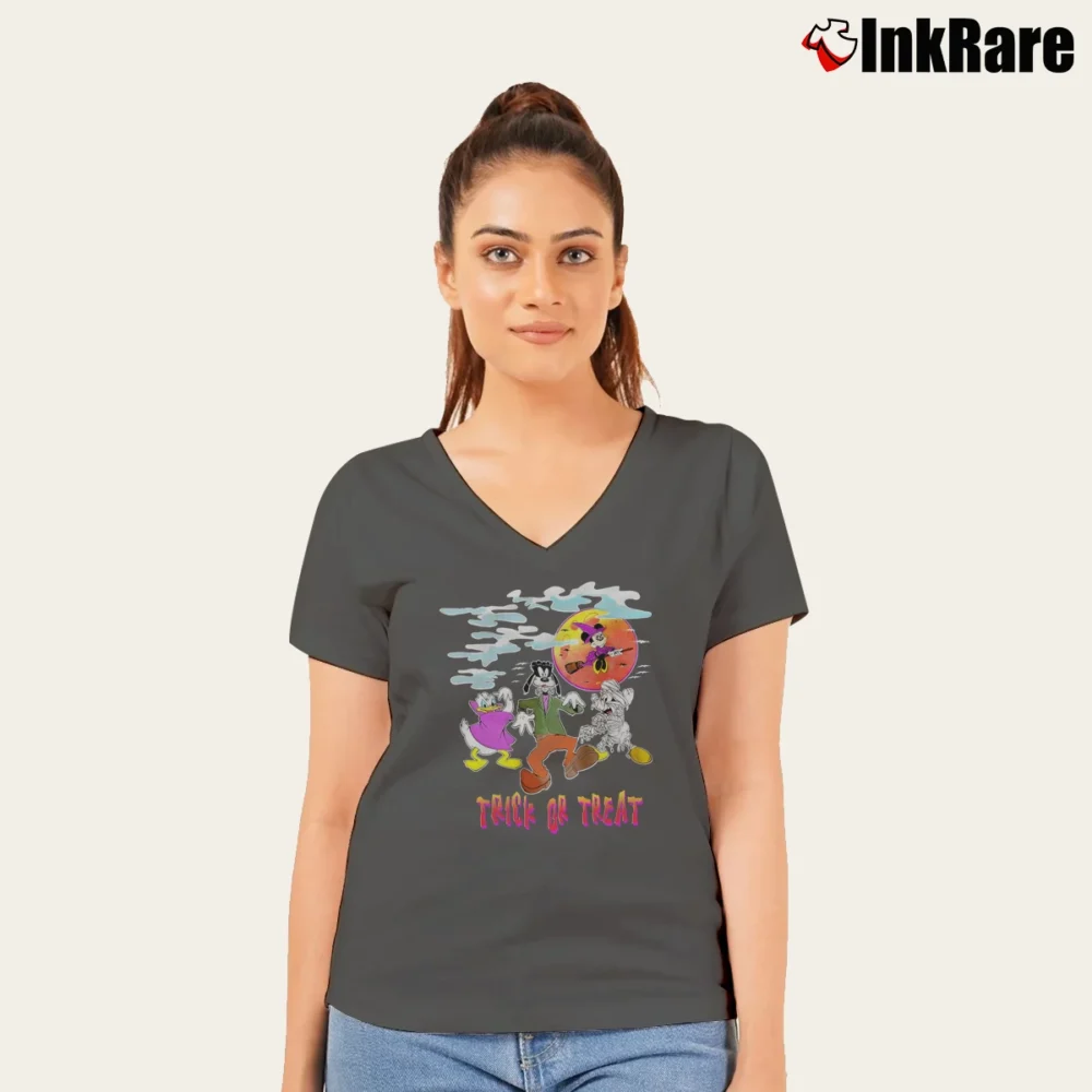Women’s Disney Halloween Mickey Minnie Mouse Trick Or Treat V-Neck Tee in charcoal | Chic Neckline, Soft Texture