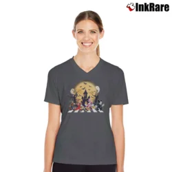 Women’s Disney Halloween Spooky Season Mickey Mouse Pumpkin V-Neck Tee in charcoal | Chic Neckline, Soft Texture