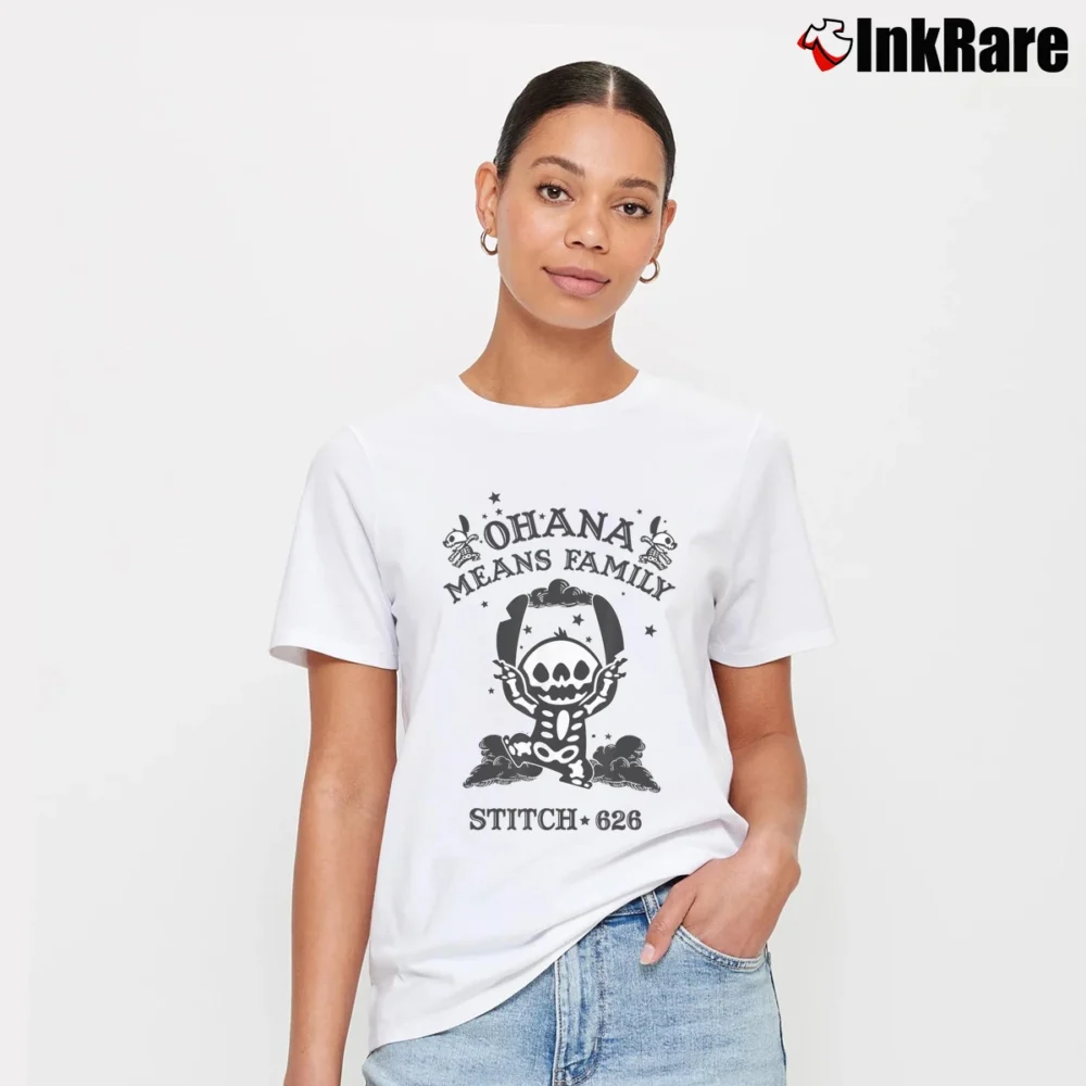Women’s Disney Lilo And Stitch Ohana Family Skeleton Halloween T-Shirt in white | Soft, Flattering Fit
