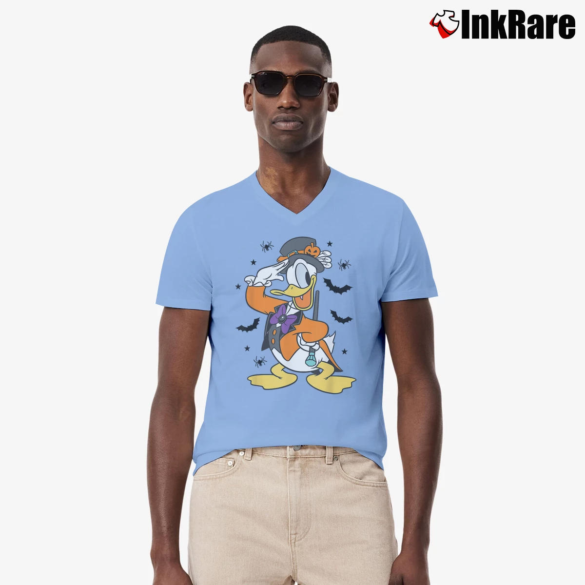 Men’s Disney Mickey And Friends Donald Duck Halloween Costume V-Neck Tee in light blue | Sharp, Breathable, Everyday Staple