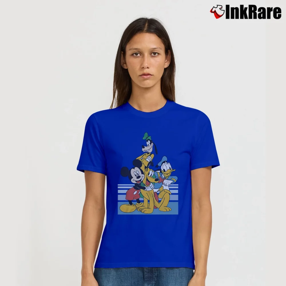 Women’s Disney Mickey Donald Goofy Pluto Group Pose Signature T-Shirt in royal blue | Soft, Flattering Fit