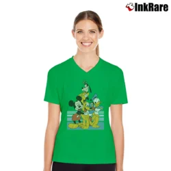 Women’s Disney Mickey Donald Goofy Pluto Group Pose V-Neck Tee in irish green | Chic Neckline, Soft Texture