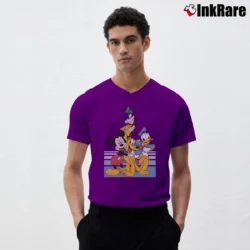 Men’s Disney Mickey Donald Goofy Pluto Group Pose V-Neck Tee in purple | Sharp, Breathable, Everyday Staple