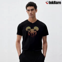 Men’s Disney Mickey Donald Goofy Sunset Graphic V-Neck Tee in black | Sharp, Breathable, Everyday Staple